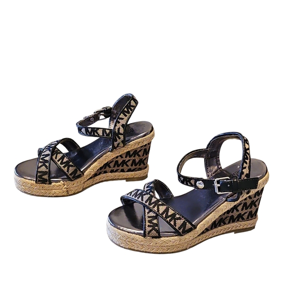 Michael Kors Black and Tan Wedge Sandals - Picture 1 of 6